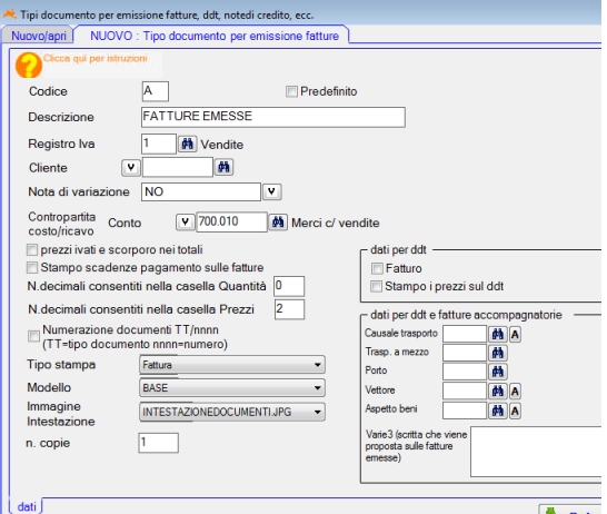 impostazione fatture e ddt